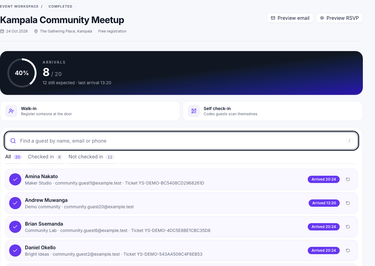 Qodex Events guest lookup and QR check-in interface for a demo event