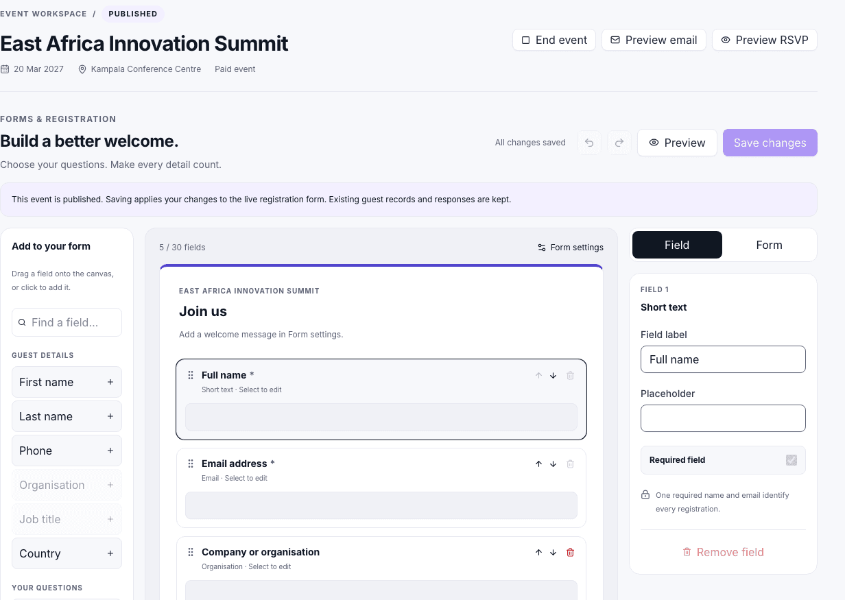 Qodex Events registration form builder with editable demo fields