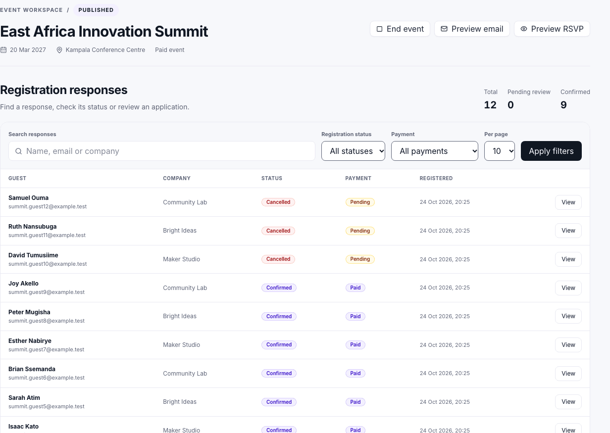 Qodex Events compact registration responses with filters and confirmation states